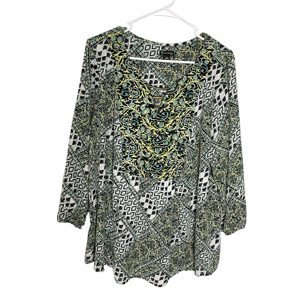 New Directions 1X Green Black Blouse Geometric Floral Metal Bar Boho Whimsigoth
